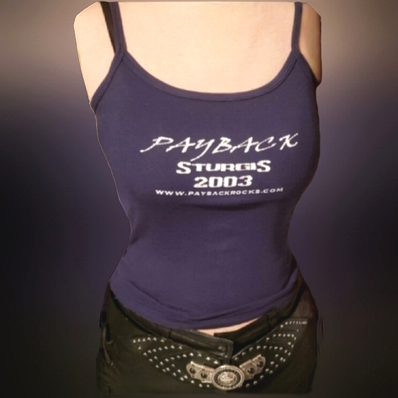 Vtg Y2K blue Payback Sturgis Rally 2003 com graphics sexy strappy retired tank M - Picture 1 of 17
